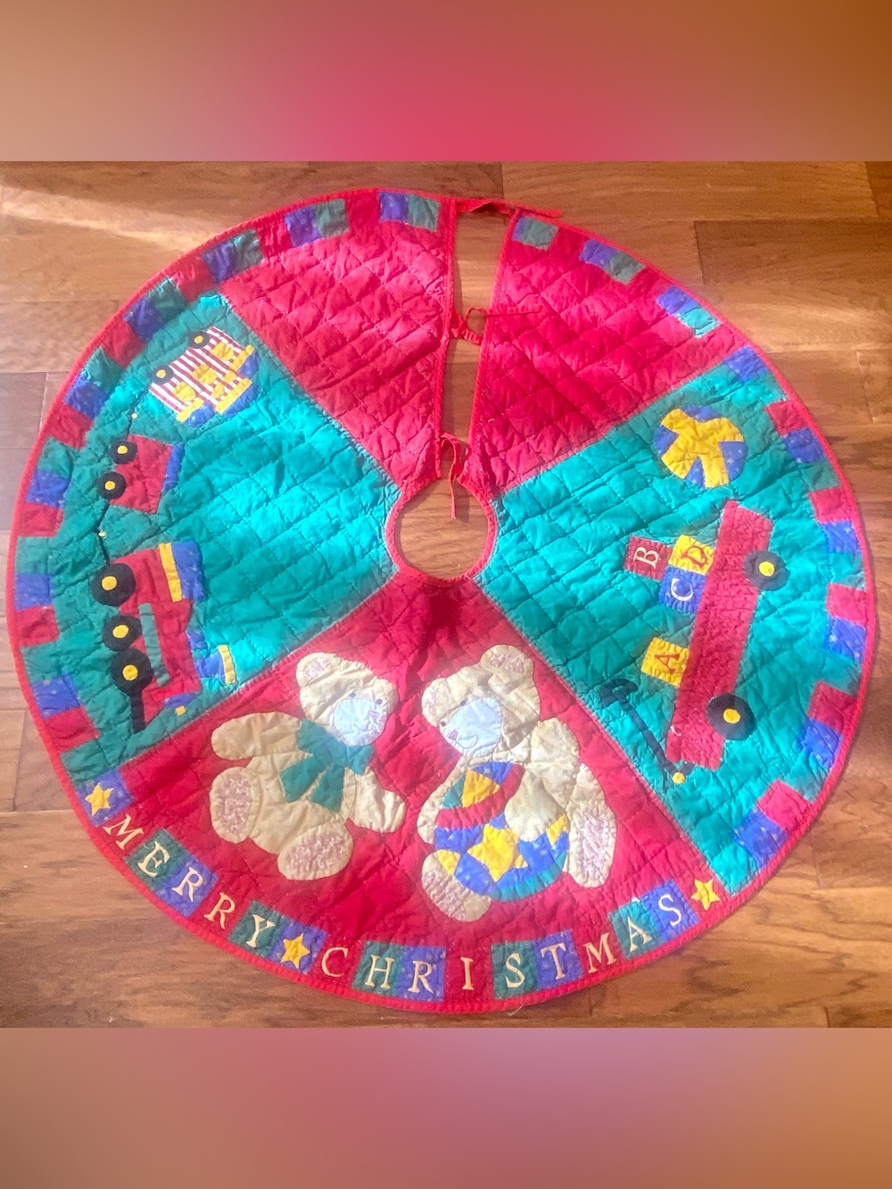 Vintage Teddy Bear and Train Quilted Christmas Tree Skirt - Red, Blue & Green